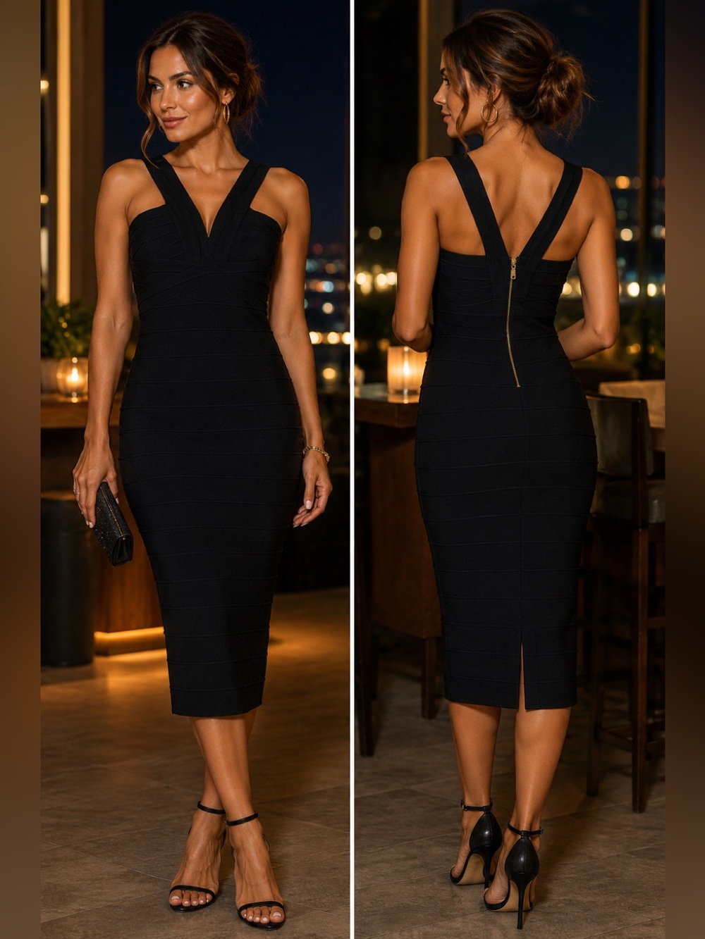BEBE black halter top bandage bodycon cocktail midi dress Sz L